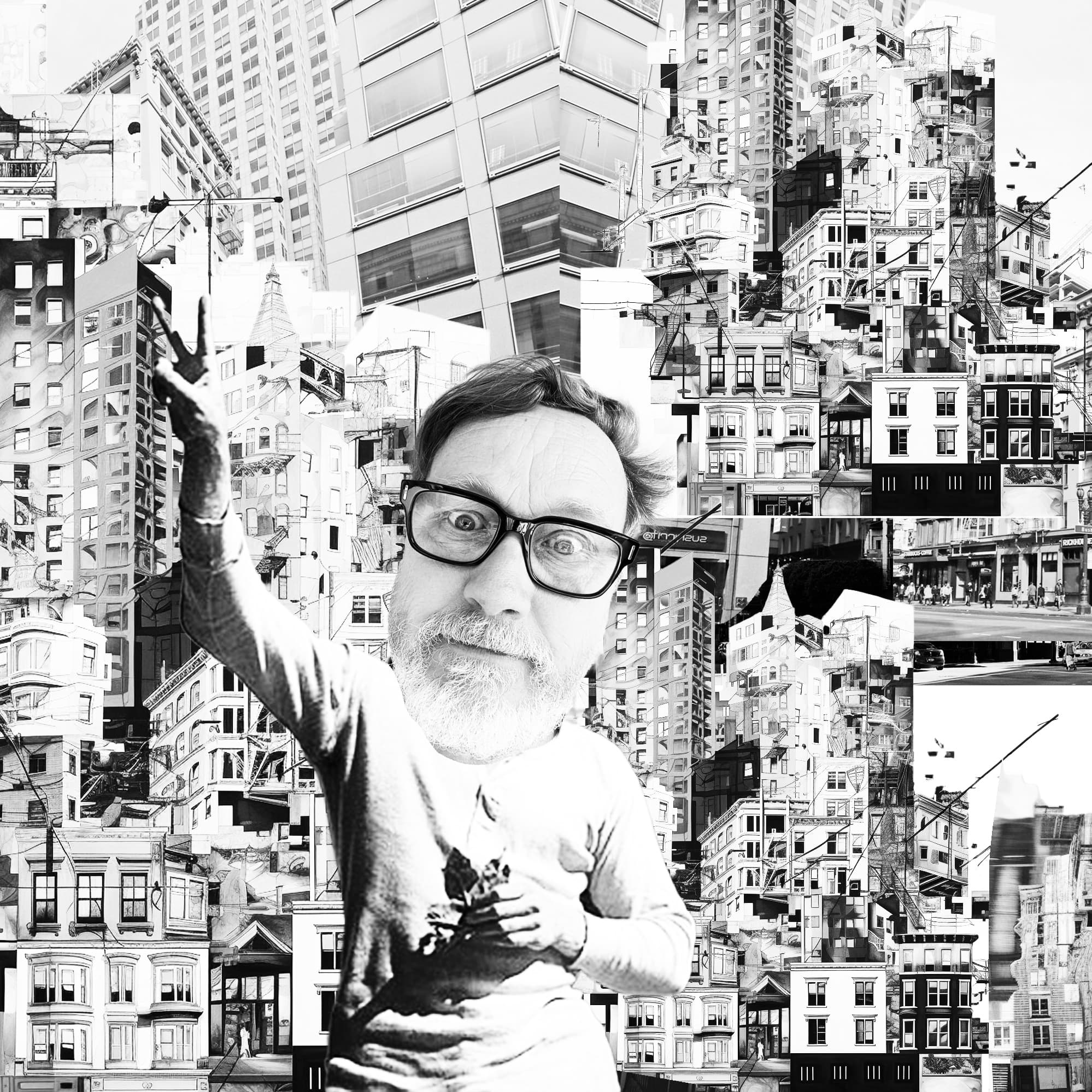 Black and white photo collage — self-portrait composited into San Francisco architecture, buildings growing from shoulders