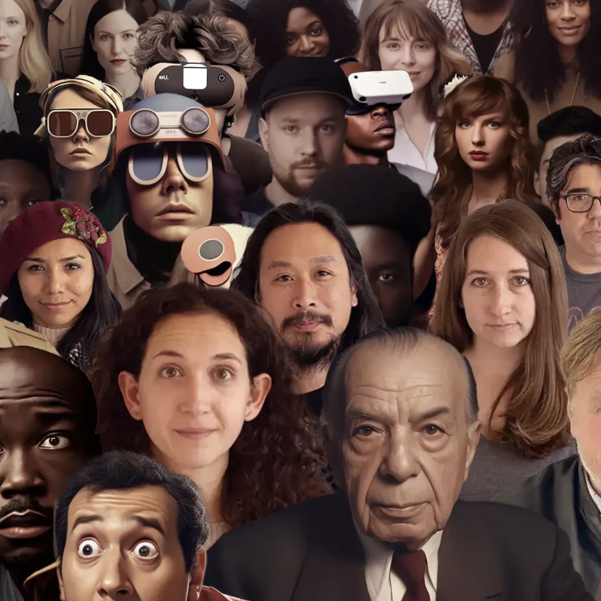 AI-generated crowd of diverse faces with VR goggles, cartoon eyes, and mixed rendering styles colliding