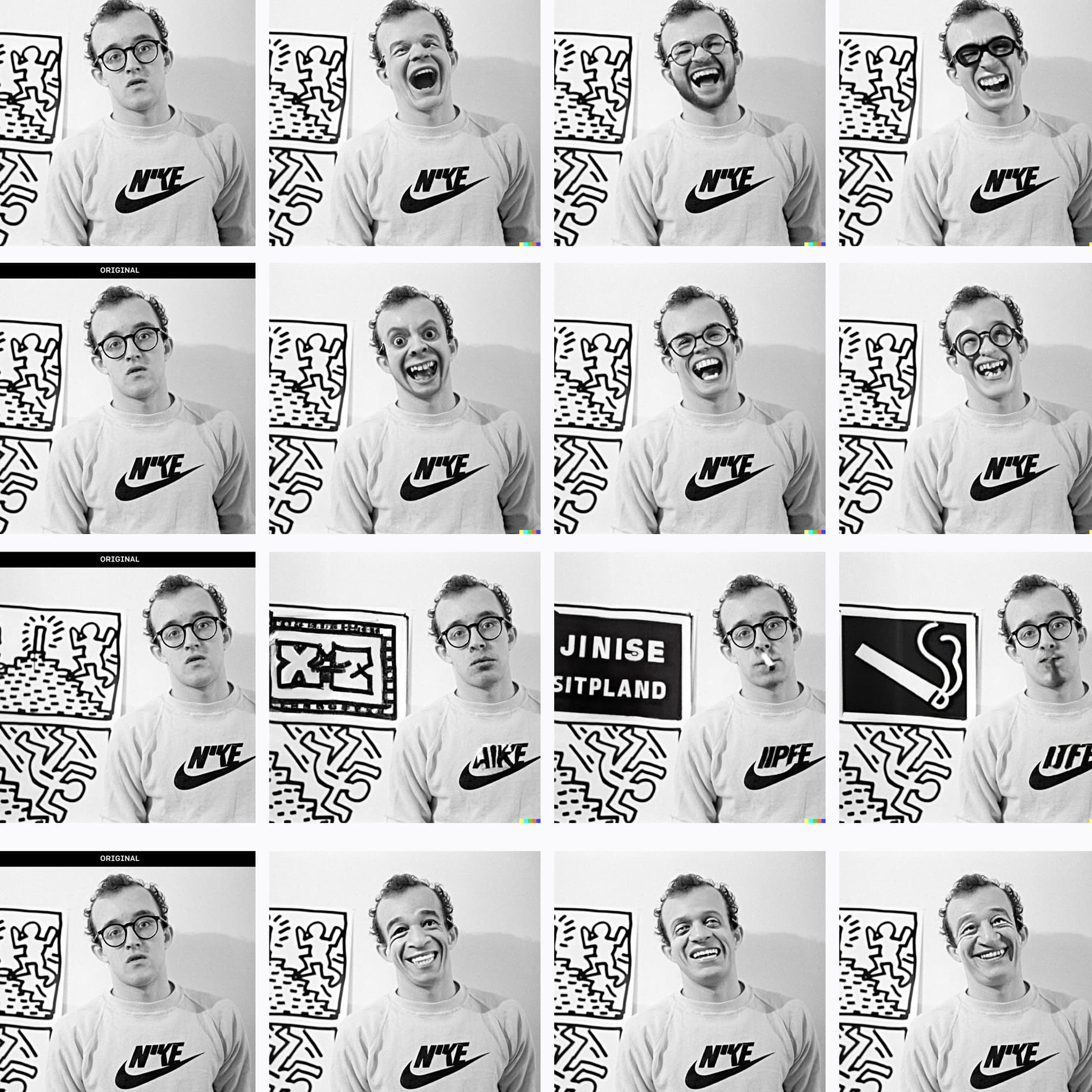 4x5 grid of Keith Haring in Nike shirt — DALL-E progressive hallucination dissolving identity into pattern