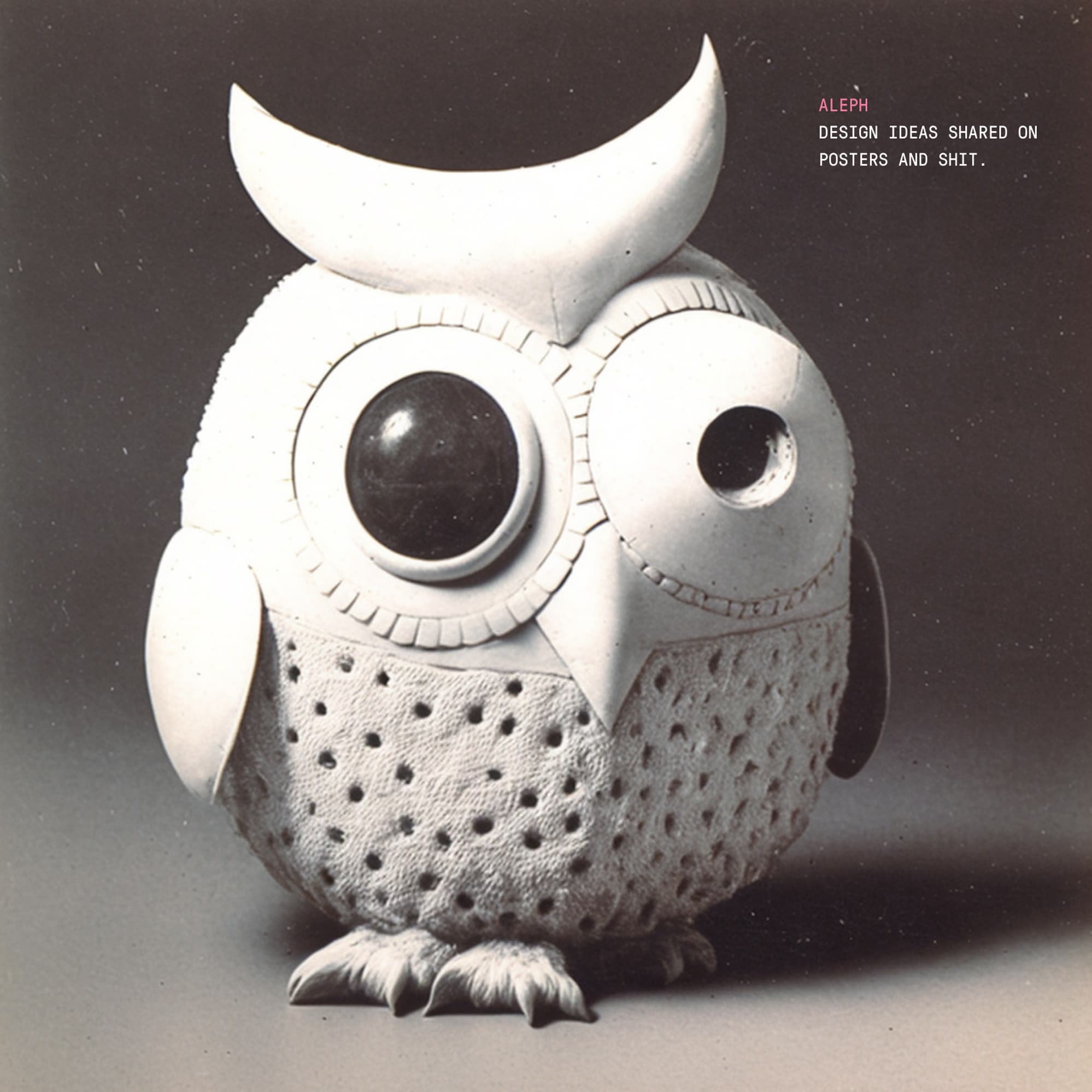 AI-generated ceramic owl with mismatched googly eyes — 'Aleph: Design ideas shared on posters and shit'