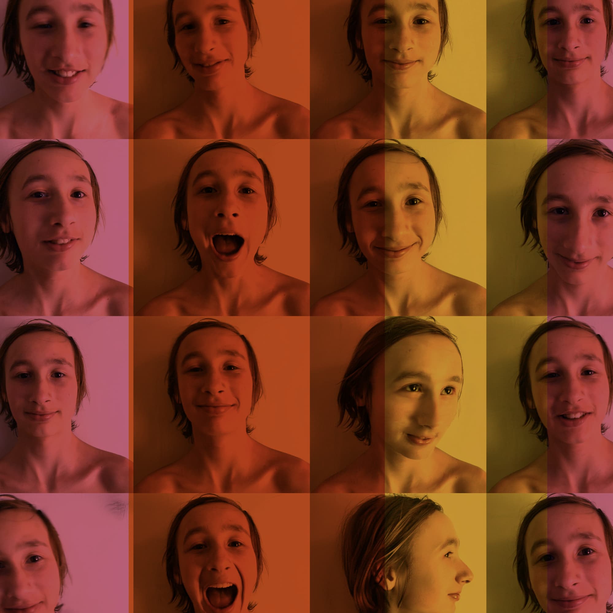 Warhol-style color grid of kid's face expressions in pink, orange, and yellow