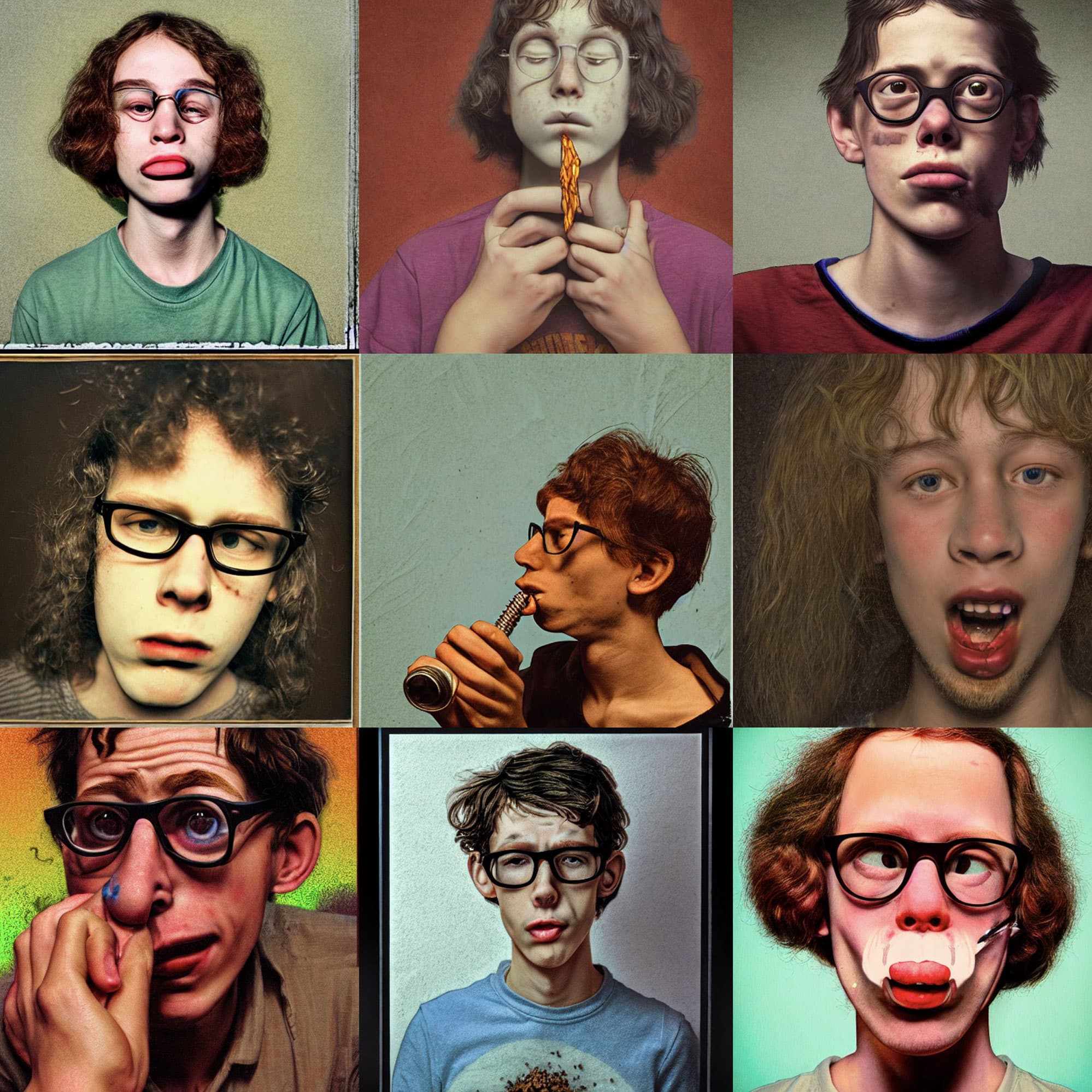 3x3 grid of AI-generated awkward teenagers with oversized glasses — uncanny valley yearbook photos