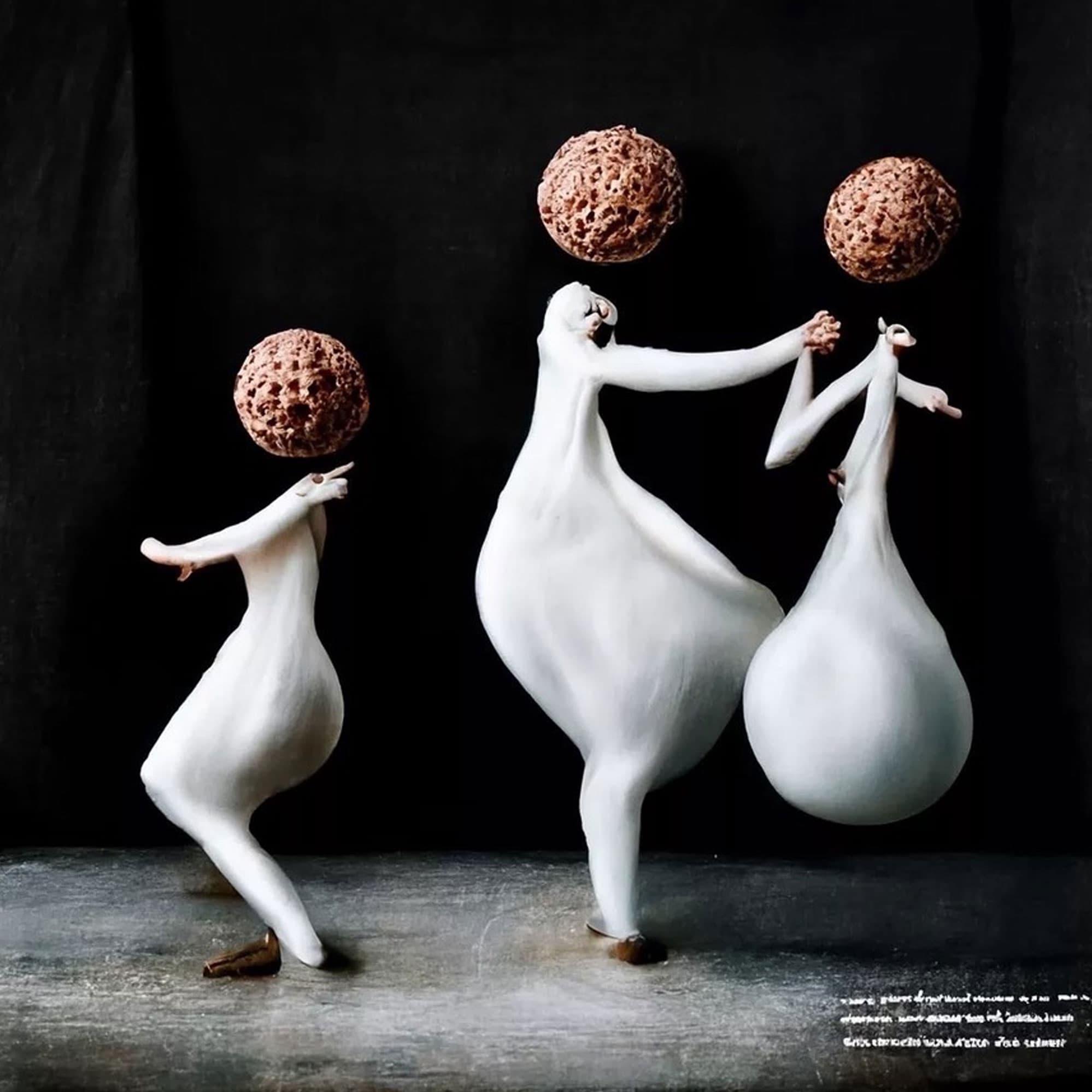 AI-generated surreal dancing figures with brain-like sphere heads on dark backdrop