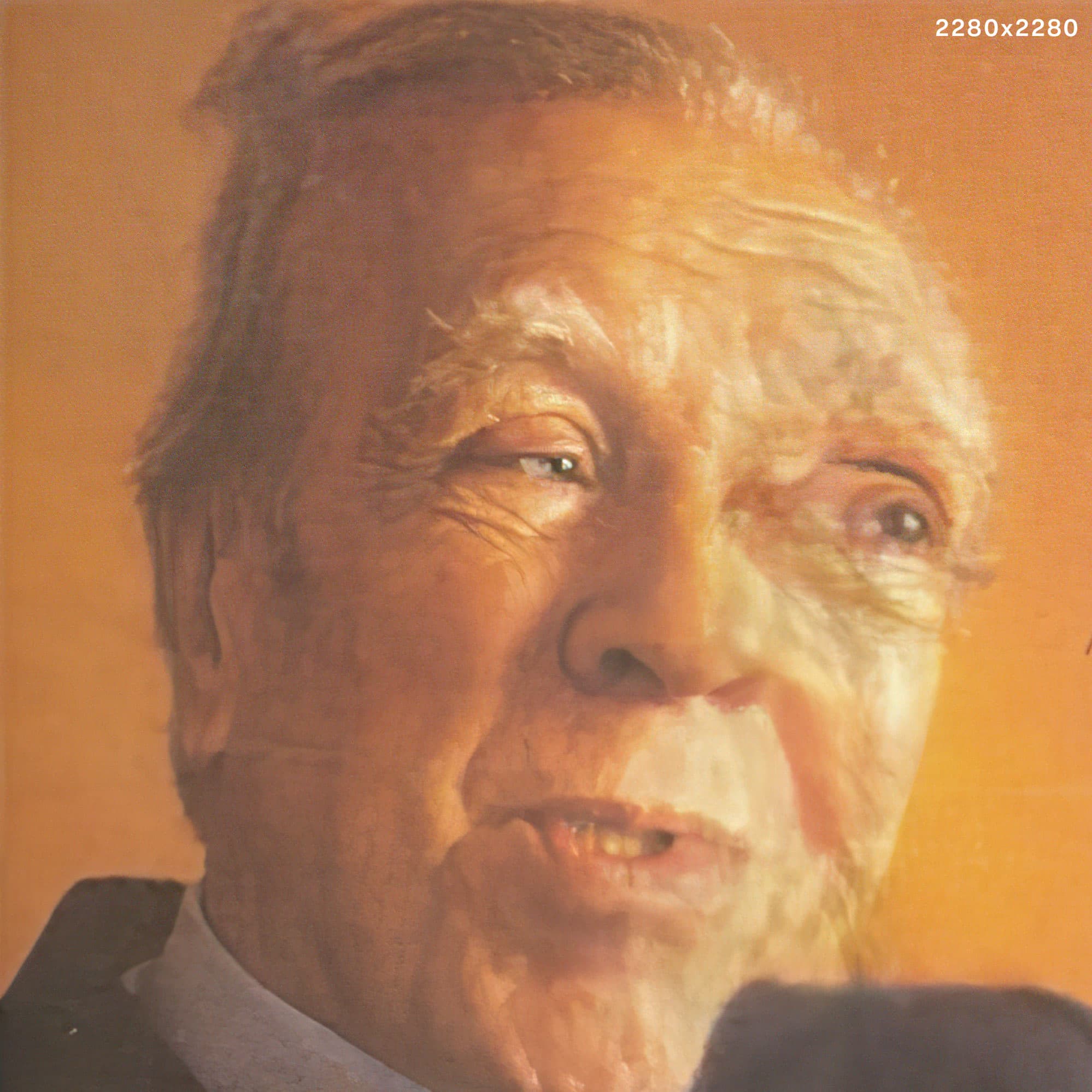 AI-generated elderly face dissolving in warm amber light — resolution artifact as portrait technique