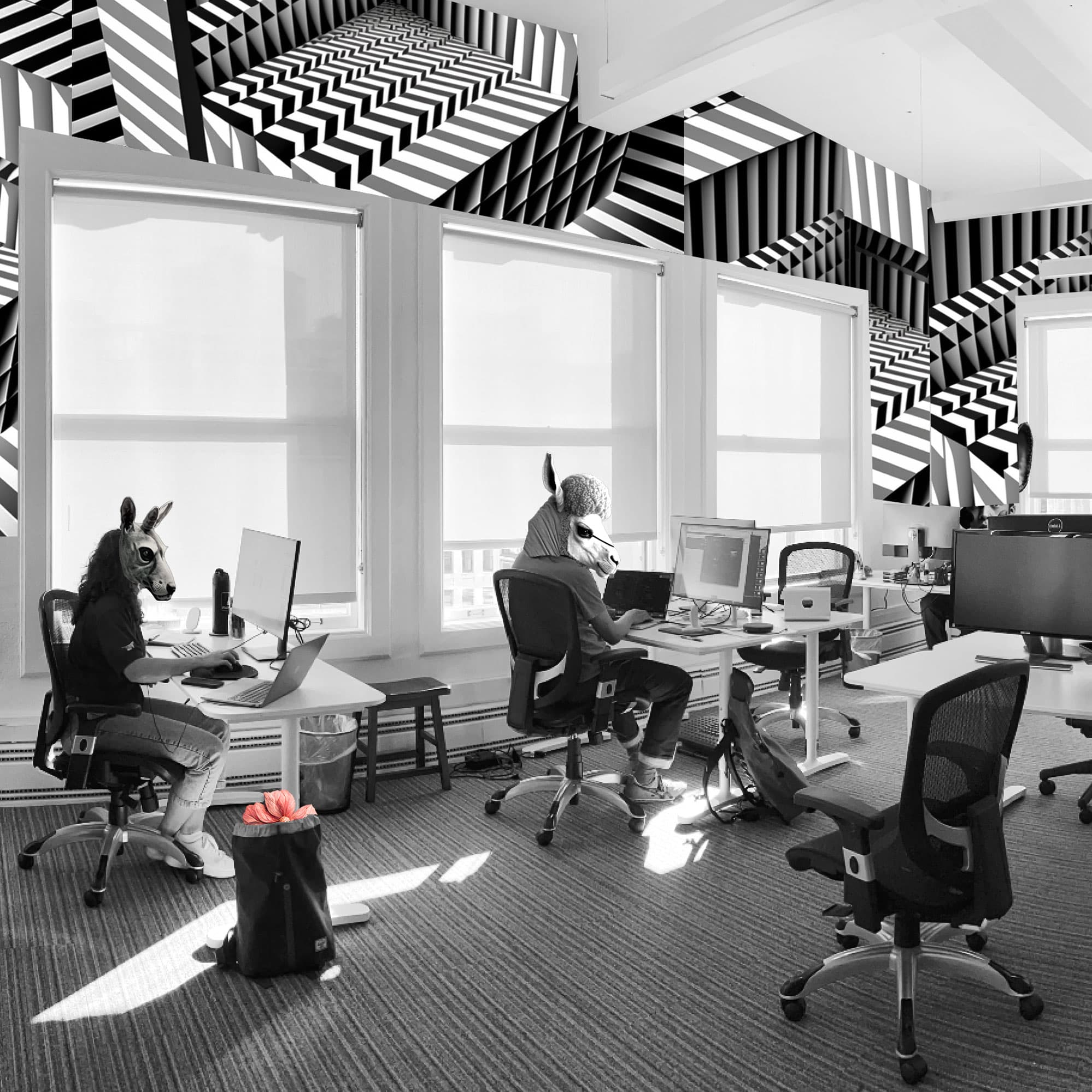 Black and white office with people in horse masks working at computers under dazzle-pattern op-art ceiling