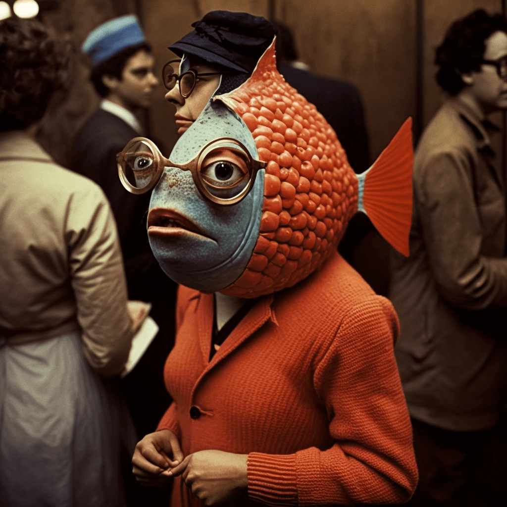 The fish person — AI-generated human-fish hybrid in orange cardigan at 1970s cocktail party