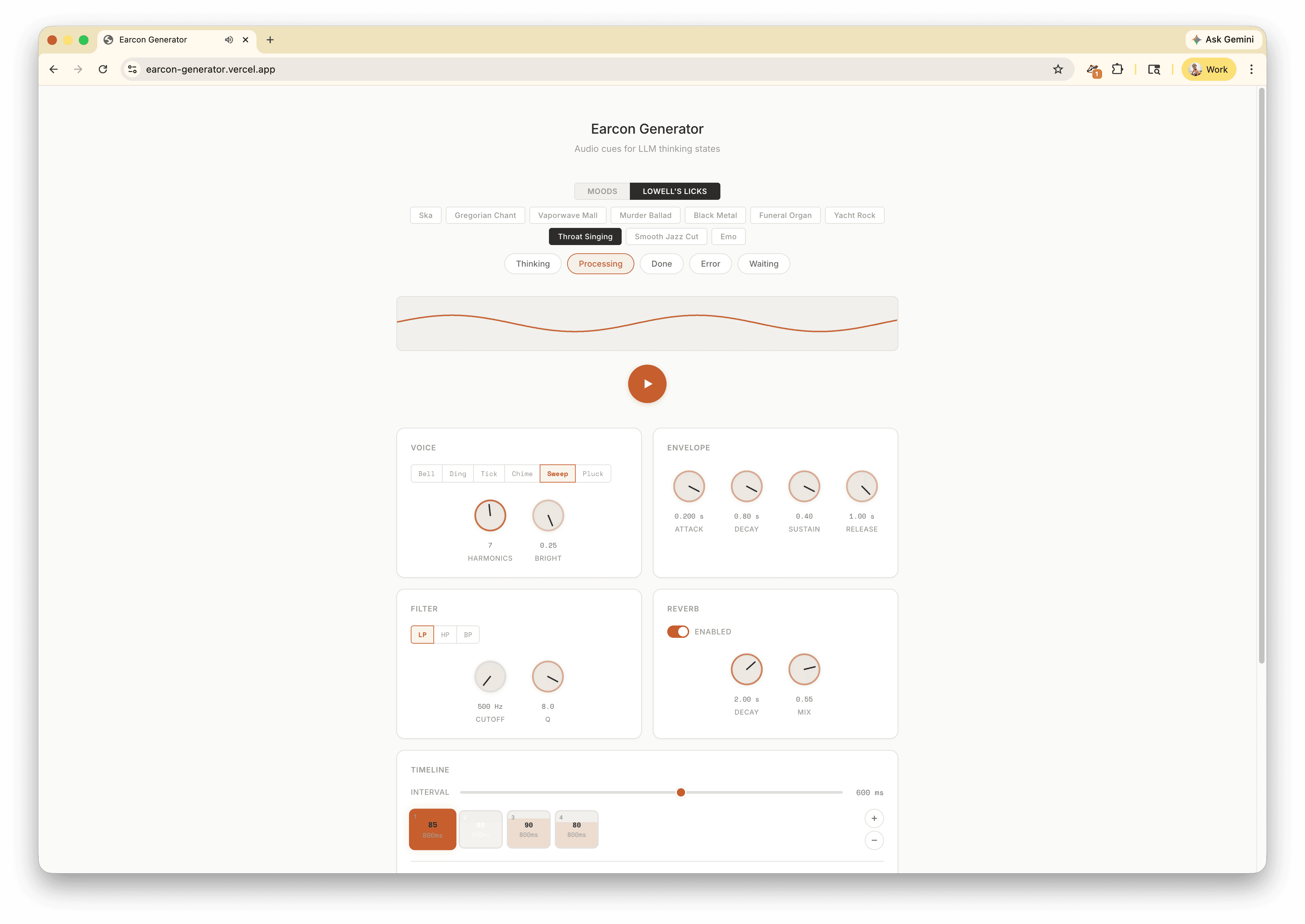 Earcon Generator — Lowell's Licks presets with sweep voice and processing state
