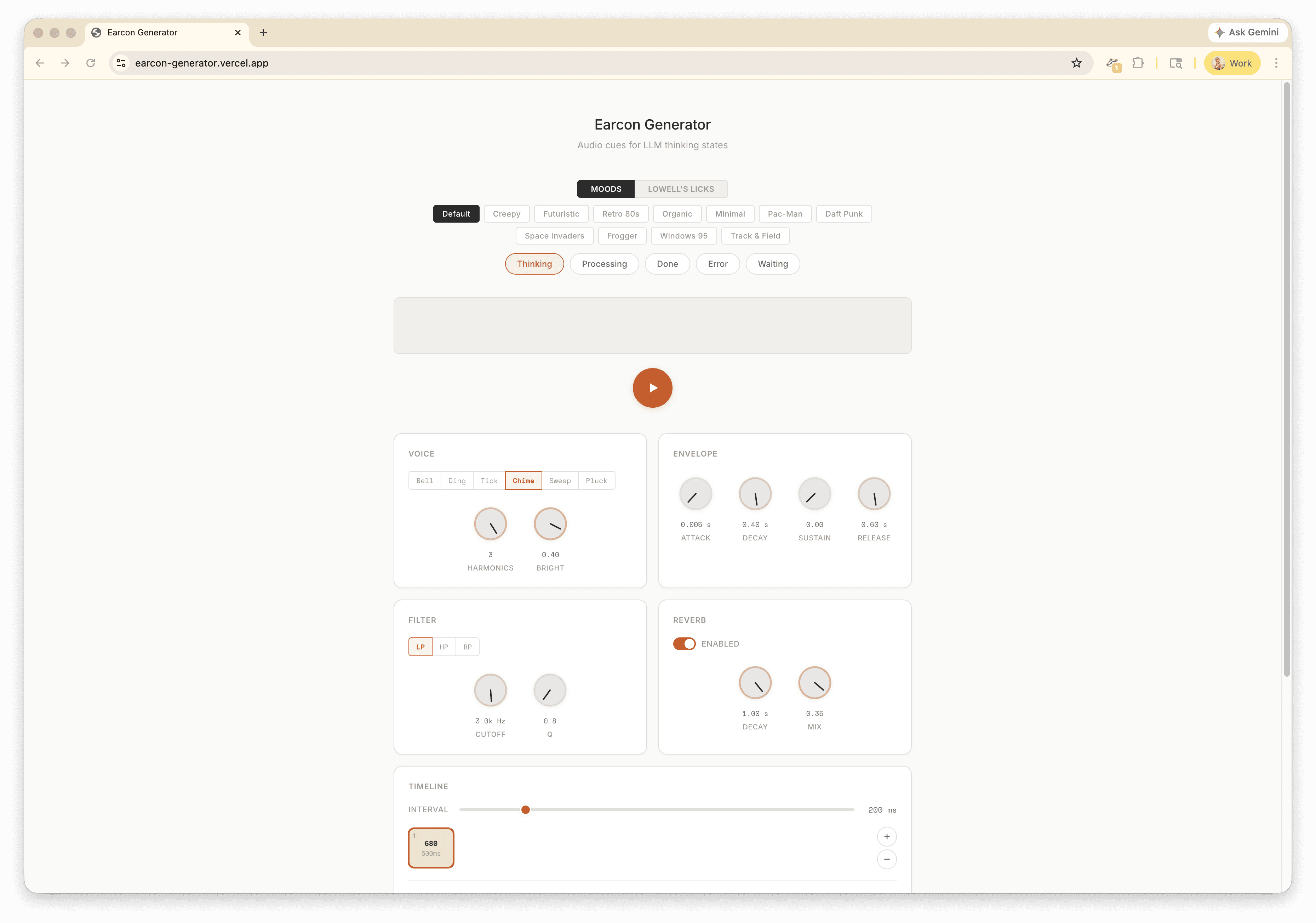 Earcon Generator — default moods view with voice, envelope, filter, reverb, and timeline controls