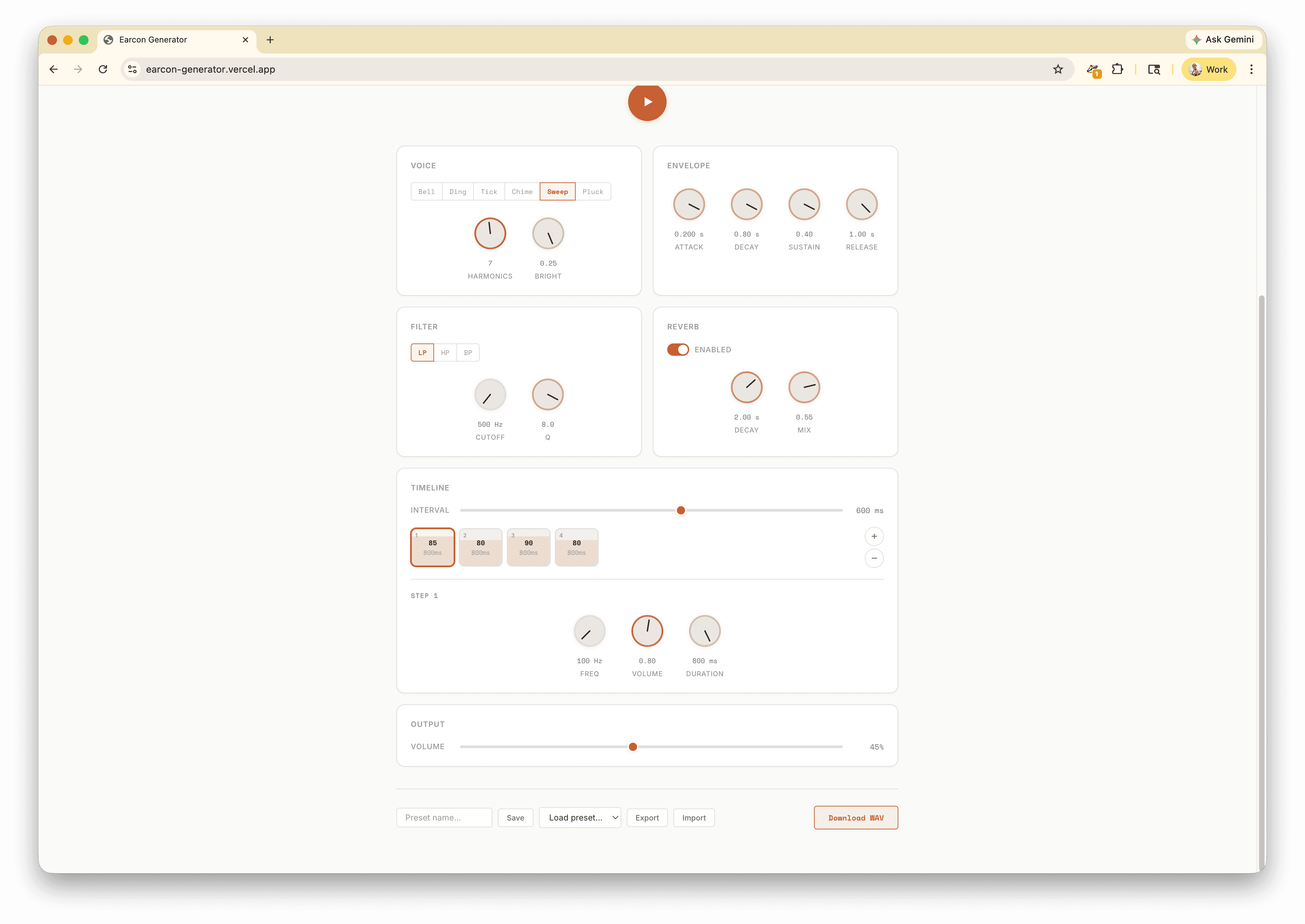 Earcon Generator — timeline sequencer, per-step controls, output volume, and preset management