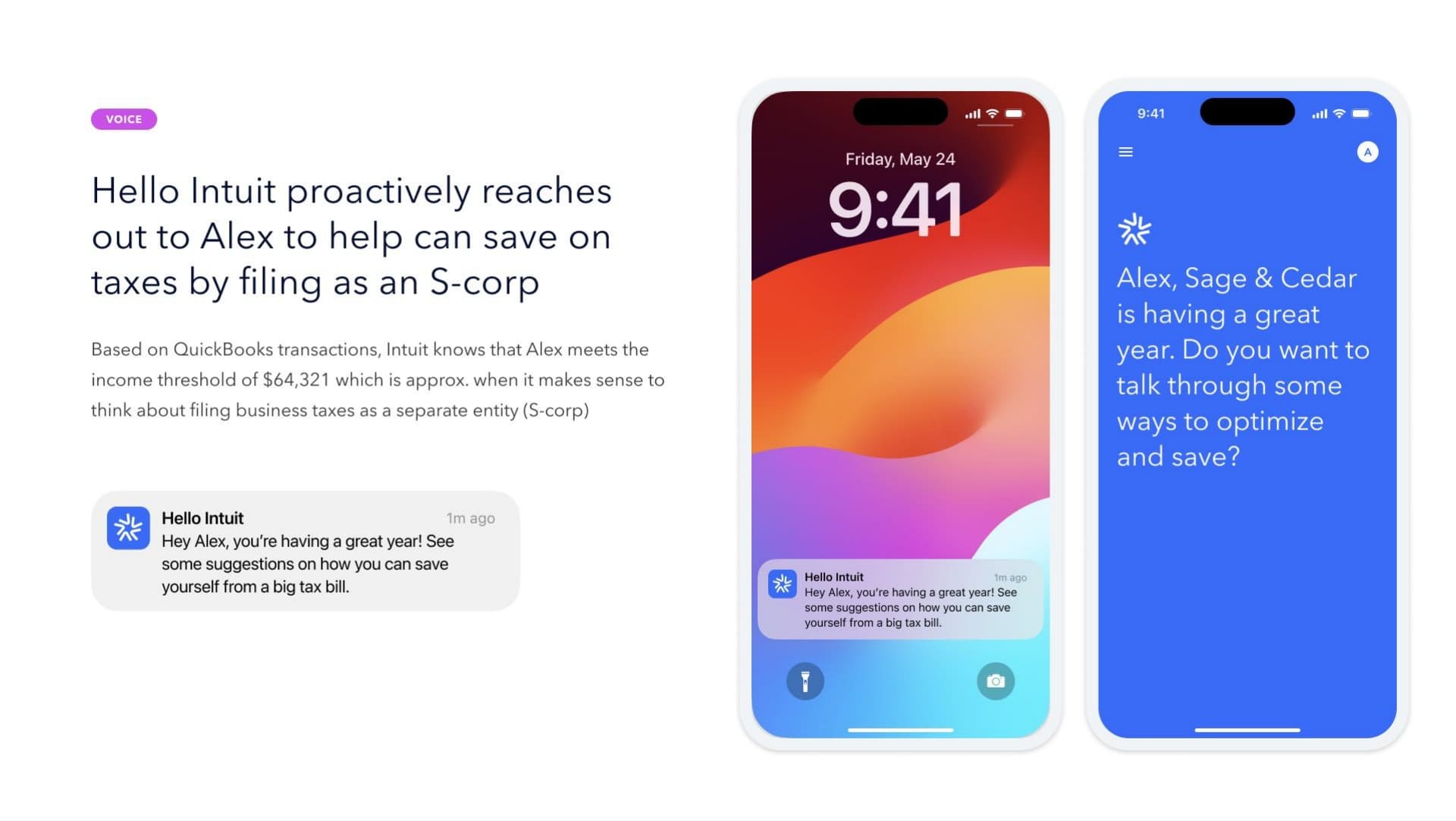 Hello Intuit — proactive outreach: notifying Alex about S-corp tax savings based on QuickBooks data
