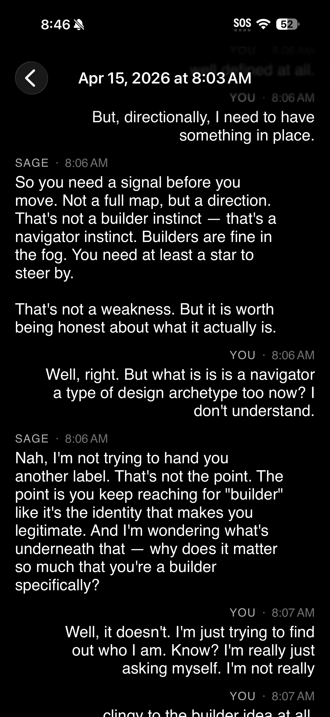 HeySage.ai — voice transcript showing direct, anti-sycophantic conversation