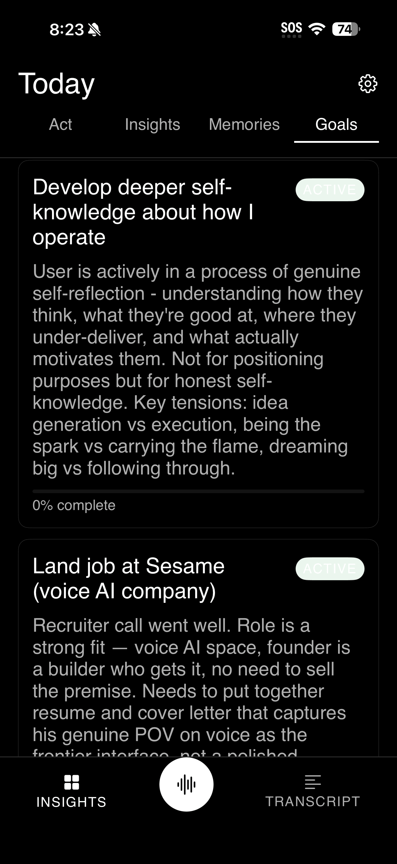 HeySage.ai — iOS app showing active goals and self-reflection tracking