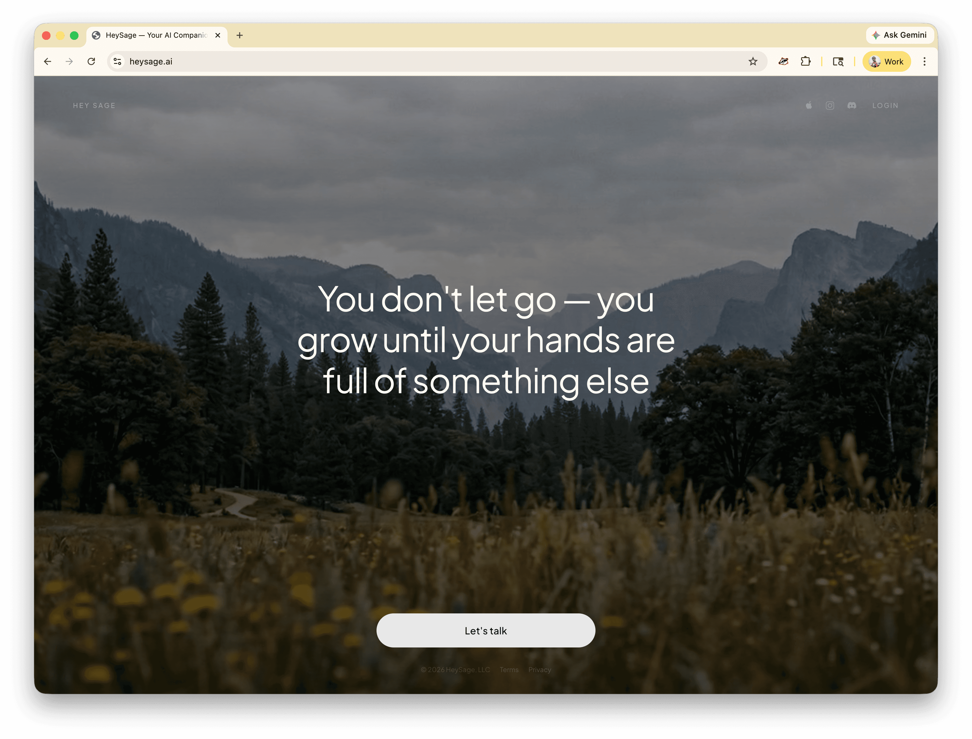 HeySage.ai — landing page with reflective response about letting go