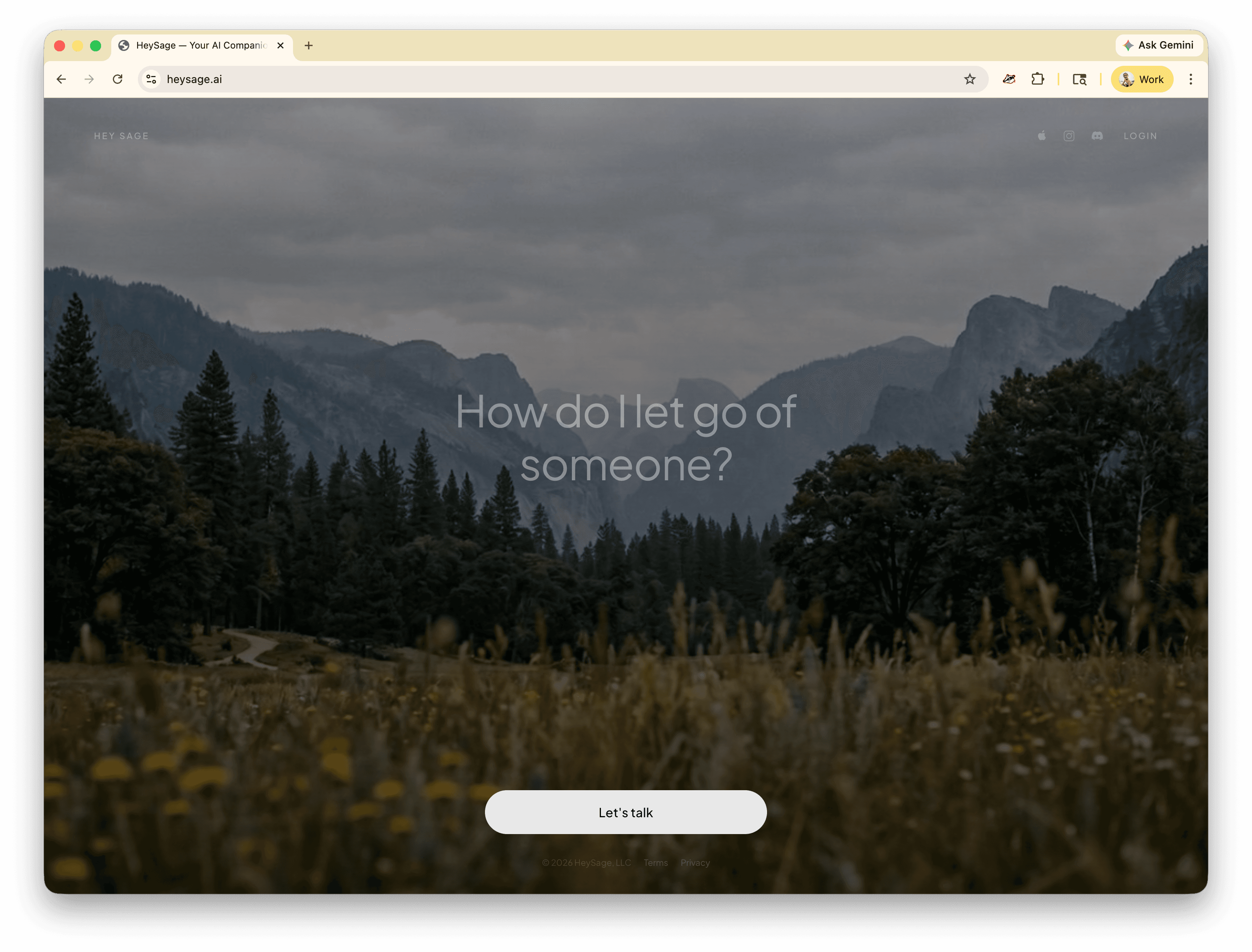 HeySage.ai — landing page with rotating prompts over Yosemite valley