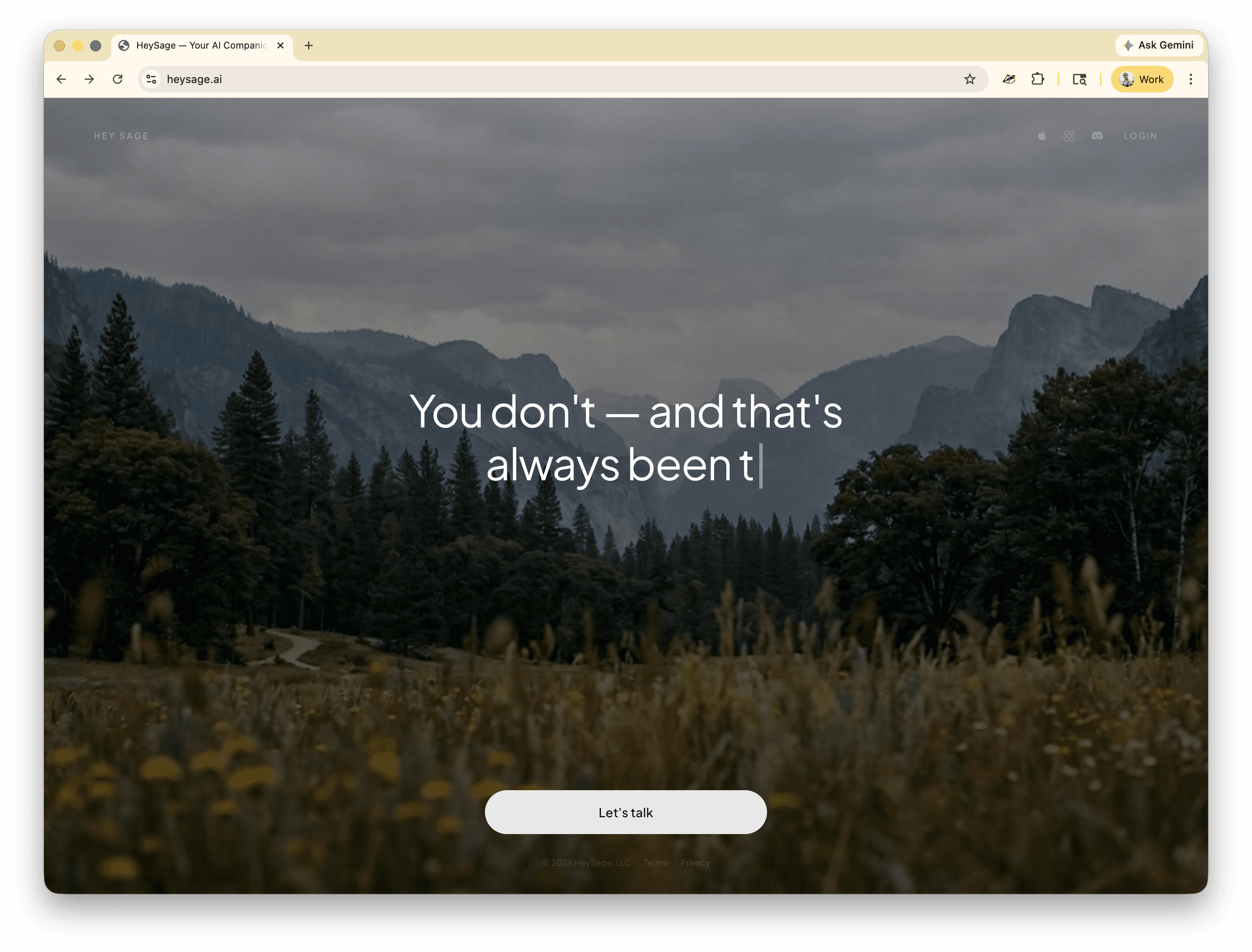 HeySage.ai — landing page mid-response with typewriter effect