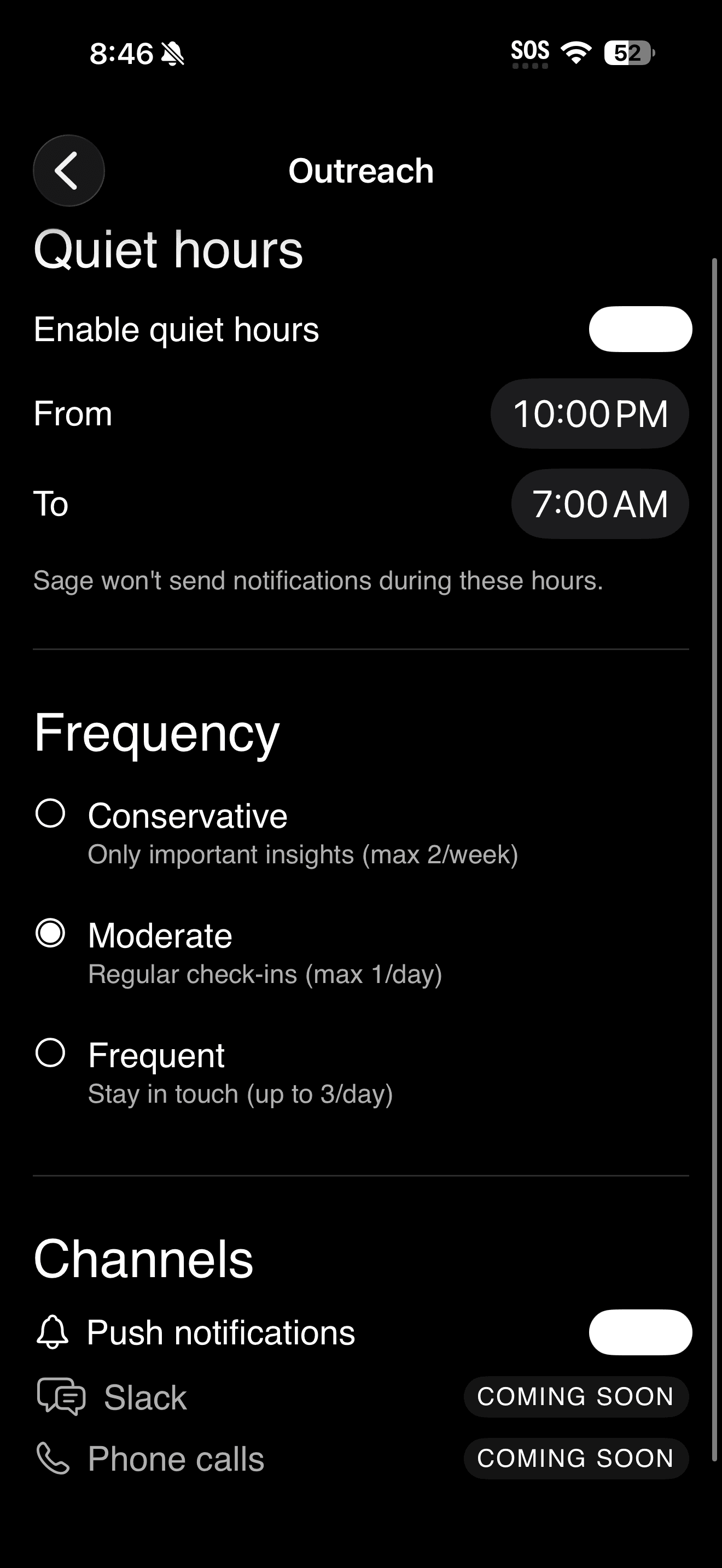 HeySage.ai — outreach settings with quiet hours, frequency, and notification channels