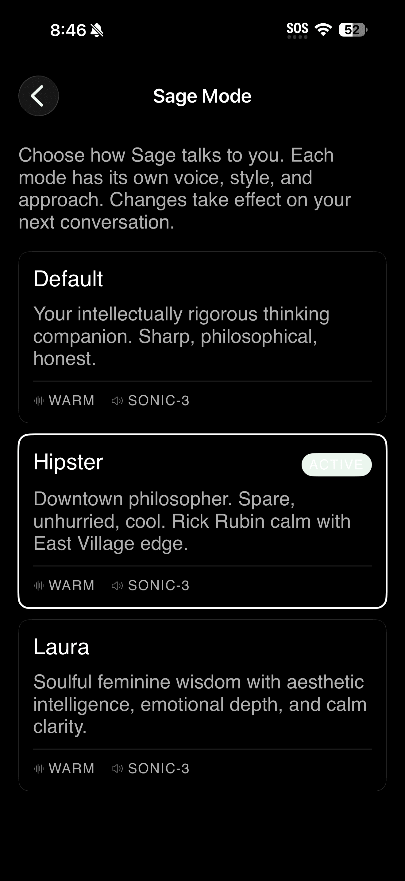 HeySage.ai — personality mode selection with Default, Hipster, and Laura voices